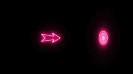 Neon Bow arrows fly over target. Neon pink color target target with arrow on black background. With a bright effect  neon arrow target board icon.
