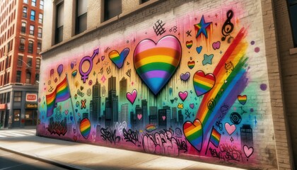Obraz premium Vibrant LGBTQ+ Pride Street Art Mural with Rainbow Hearts and Symbols on Urban Building