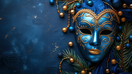 Realistic luxury ornate carnival mask with blue feathers. Abstract blurred background and light effects