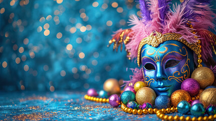 Fototapeta premium Realistic luxury ornate carnival mask with blue feathers. Abstract blurred background and light effects