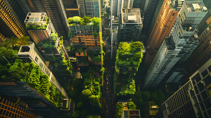 Fototapeta premium A birds-eye view of an urban jungle where skyscrapers and greenery coexist. showcasing the use of vertical gardens in sustainable city design 