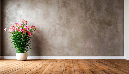 Gray empty wall and wooden brown floor with interesting with glare from the window.There is a flower pot placed.Interior background for the presentation.For displaying product.High quality photos