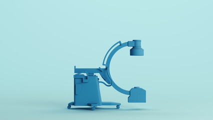 Blue hospital c arm scanner health care diagnostic device pale background side view 3d illustration render digital rendering	