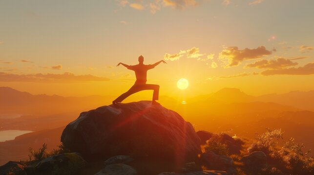 A person doing tai chi exercises at sunrise on a hilltop.