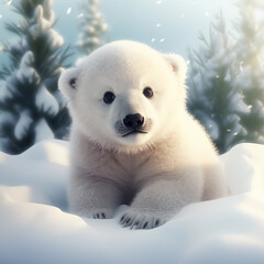 Adorable Polar Bear Cub in a Snowy Winter Wonderland, This heartwarming photograph captures an adorable polar bear cub amidst a pristine snowy landscape. The fluffy white cub, with its curious eyes.