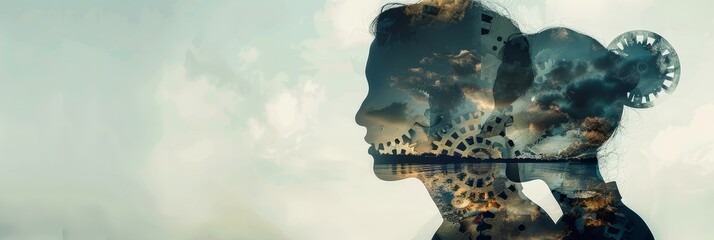 Surreal portrait blending man with machinery - Composite image of a man's silhouette with gear and cog textures, reflecting complex thoughts or intelligence