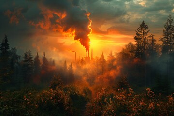 Fototapeta premium A silhouette of industrial smokestacks spewing black smoke against a fiery sunset over a forested area