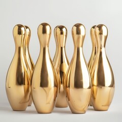 Gold Bowling Pins Standing In A Row On White Background
