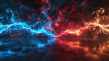 Blue and red electricity arcs in a dark room, tech theme, front view, highlighting energy and power, futuristic tone