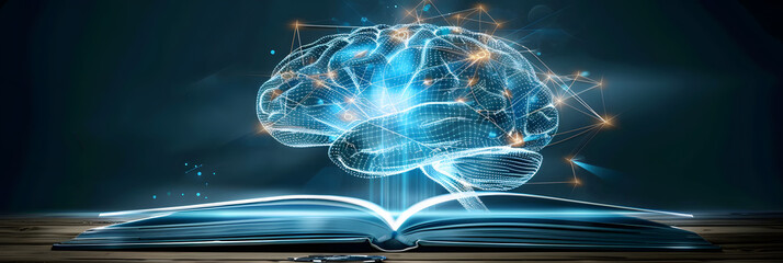 A book with an open brain. abstract. showing the concept of knowledge and learning in education and training 