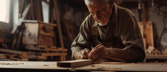 A focused carpenter carefully works on a piece of wood in a dimly lit workshop, capturing the essence of craftsmanship and dedication.