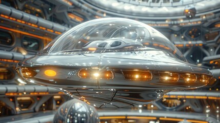 Obraz premium 3d render of clear glass UFO with lights, floating in space station environment, Clear skies offer a pristine view of UFO sightings, the twilight encounters a stunning spectacle of illuminated beauty