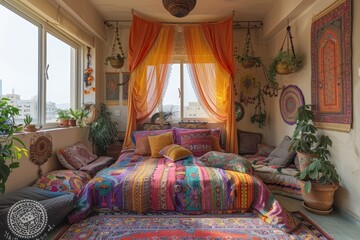 Bohemian Bedroom A bedroom with colorful textiles, a canopy bed, and eclectic decor. Include a variety of plants and natural light. 