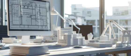 An architect’s desk cluttered with blueprints, models, and tools, bathed in natural light, reflects the creativity and precision of design work.