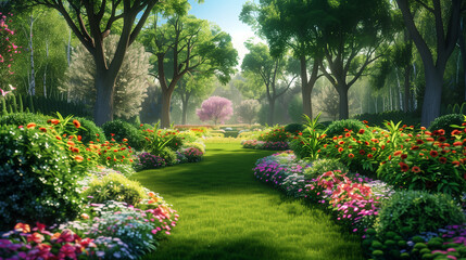 Obraz premium Fantasy secret fairy tale blooming landscape with Meadow garden on spring time with flowers and green grass and path for walking