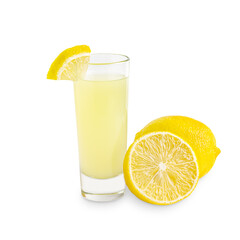 Italian Limoncello traditional homemade liqueur made from the zest of ripe yellow lemons served...