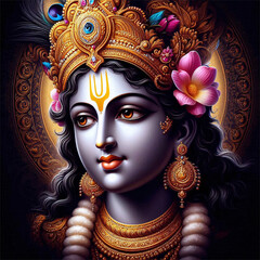 Beautiful colorful lord krishna portrait on black background