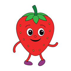 a medium quality red strawberry vector art illustration of a   walking, groovy character, solid white background, high regulation