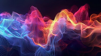 A high-resolution 3D rendering of an audio impulse visualized as dynamic, flowing waves, suitable as a playlist cover for house music. 
