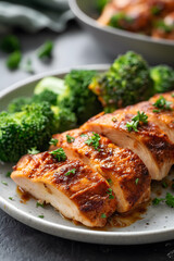 Healthy high protein meal with baked chicken breasts & broccoli 