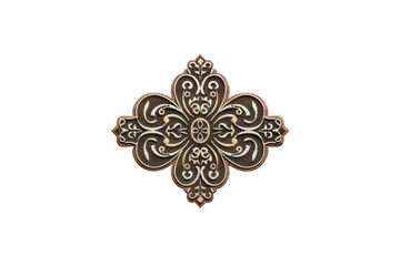 Fototapeta premium Ornate brass cross-shaped decoration with intricate carvings on a black background, ideal for decorative and artistic design projects.