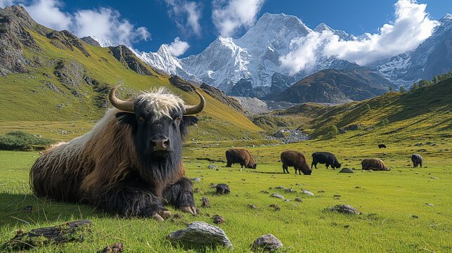 AI generator images of portrait of Yak bull with majestic horns grazing on the Himalaya mountains in Nepal on Annapurna circuit. Domestic animals of Nepal for meat, wool and land work.