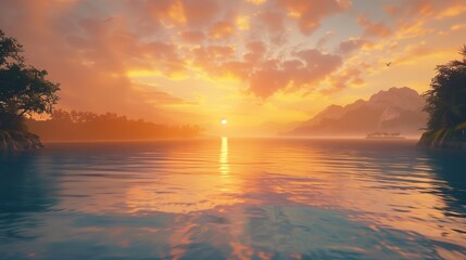 A serene sunrise over a tranquil bay.