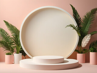 Shelf for products in pastel green, peach and blue tones, surrounded by fern fronds and other large leaves