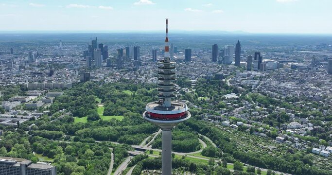 The Europaturm, Aerial drone view. SKyline icon of Frankfurt am Main.