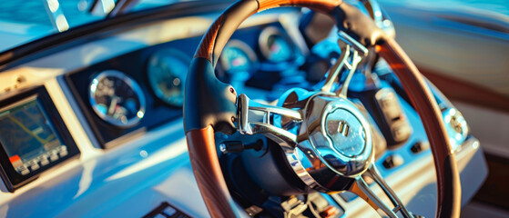 A close-up shot of a boat's modern steering wheel adorned with a wooden grip, set against bright blue nautical instruments and controls.