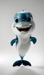 A cartoonish blue dolphin with a big smile on its face