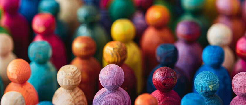 An array of colorful, wooden figurines closely arranged, evoking a sense of unity and diversity.
