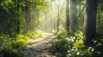 Obraz premium A tranquil forest path with dappled sunlight.