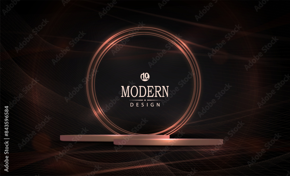 Wall mural composition with a round sparkling frame, podium and wavy mesh pattern.