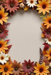 Obraz premium Autumn flowers and leaves yellow red brown, frame, pattern, copy space, banner.