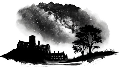 Obraz premium Milky Way over Castle Silhouette