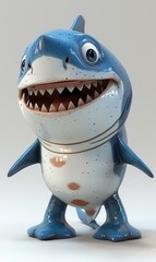 A cartoon shark with a white collar and a big smile on its face