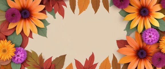 Obraz premium Autumn flowers and leaves yellow red brown, frame, pattern, copy space, banner.