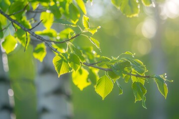 Obraz premium Fresh Green Leaves of a Birch Tree Branch in Sunlight background