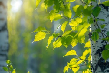 Obraz premium Fresh Green Leaves of a Birch Tree Branch in Sunlight background