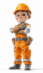 A cartoon character in a construction outfit is smiling