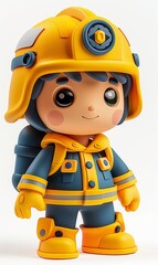 A cartoonish child wearing a yellow fireman's hat and blue overalls