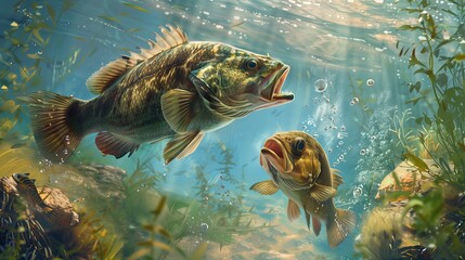 Underwater scene of various freshwater fishes swimming in a lake, showcasing their natural habitat and behavior.