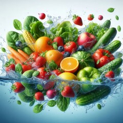 Realistic, 4K, detailed image of fresh multi-colored fruits and vegetables splashing into clear...