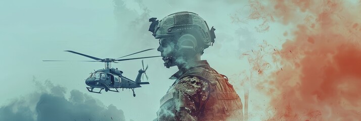 Fototapeta premium Military Soldier in Combat Gear with Helicopter in Background and Smoke Clouds - Dramatic War Scene with Modern Warfare Elements