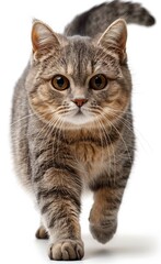 Exotic Shorthair cat with a long tail is walking on a grey surface