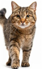 Japanese Bobtail cat with a white face and black ears walks on a white background