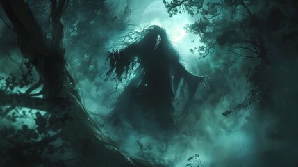 Mysterious and spooky Halloween night scene with dark silhouettes and fog, perfect for creating a creepy atmosphere.