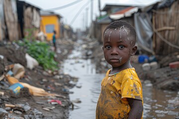 A young child stands in a street filled with mud and debris, looking at the camera with a serious expression