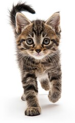 Pixie-bob cat with long fur walks on a white background